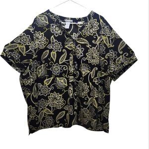 Catherine's Black Yellow Floral Paisley Button Up Blouse Petite Plus 3X 26/28WP